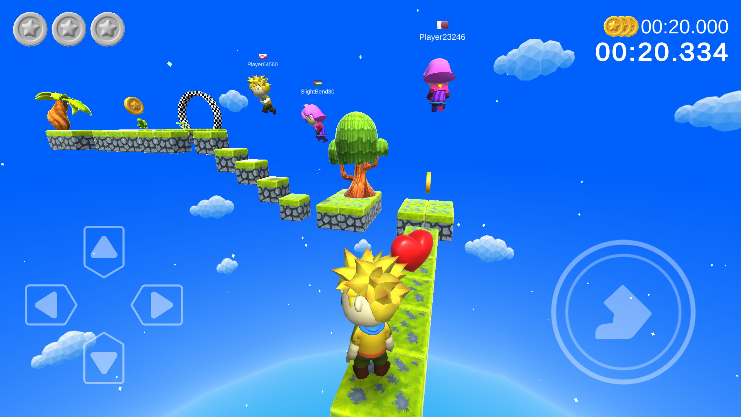 Nino and Nana gameplay: characters jumping between floating grassy platforms.