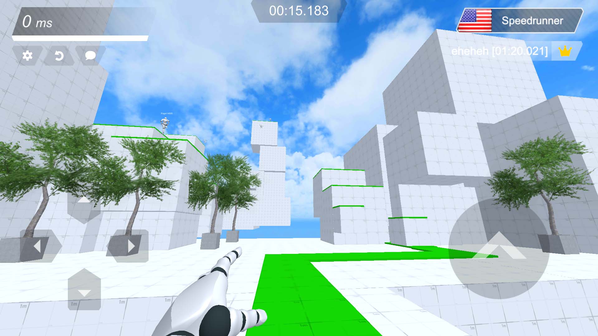 Run Pro gameplay: a first-person parkour course among white towers and green platforms.